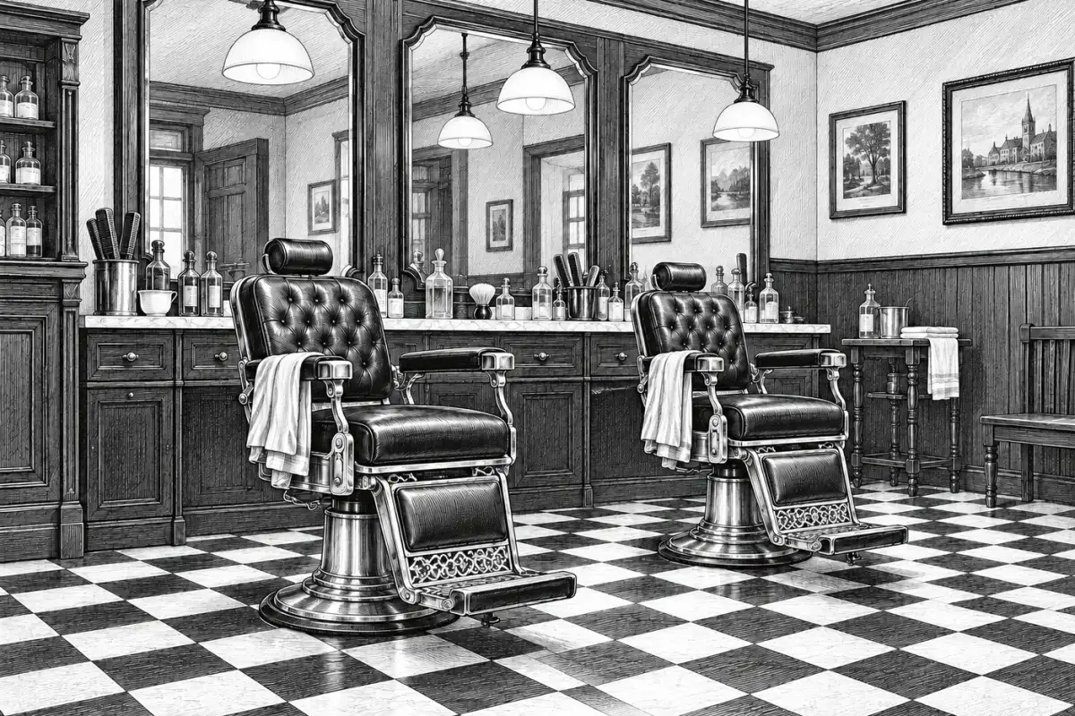 Illustrative engraving of a classic barbershop with vintage leather chairs, chrome fittings and a checkered floor