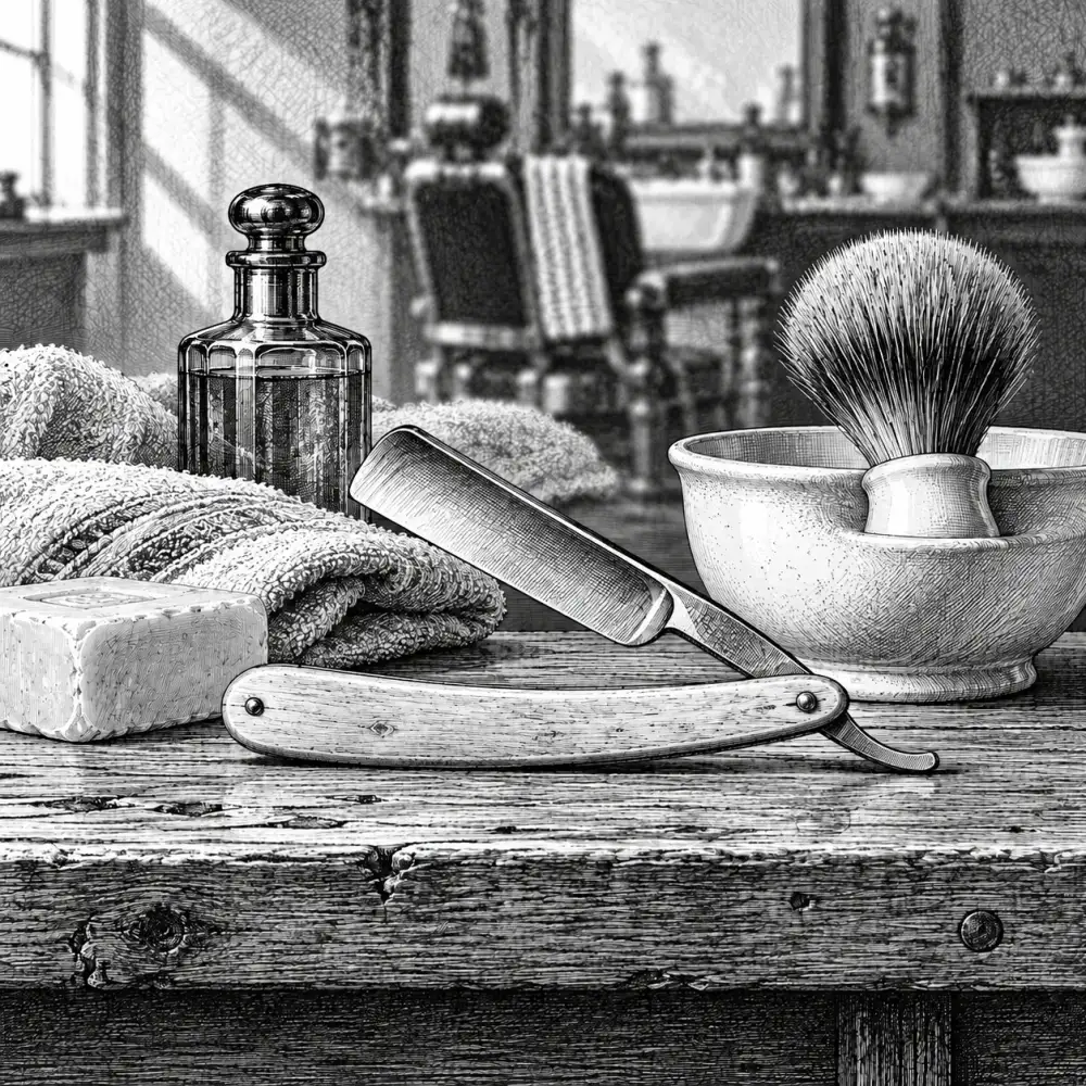 Illustrative engraving of a straight razor, shaving brush and folded towel on a wooden shelf