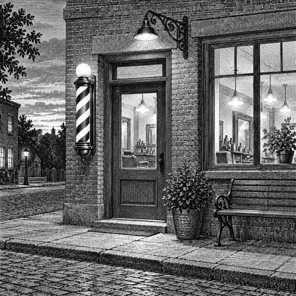 Illustrative engraving of a small brick barbershop storefront at dusk with a striped barber pole